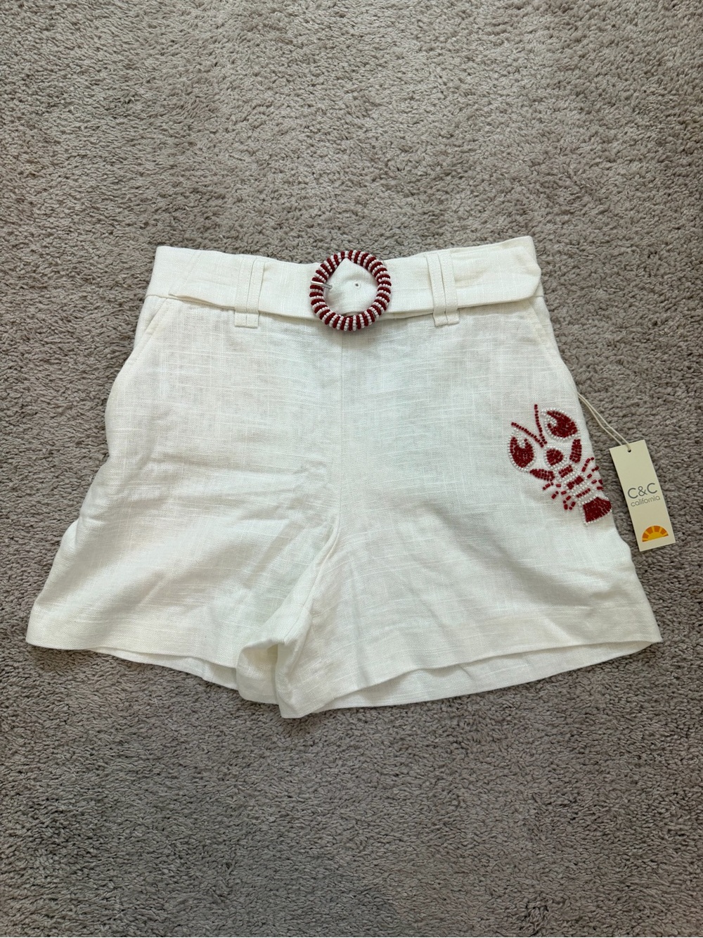 C&C California Cream Linen Blend Shorts with Red Beaded Belt